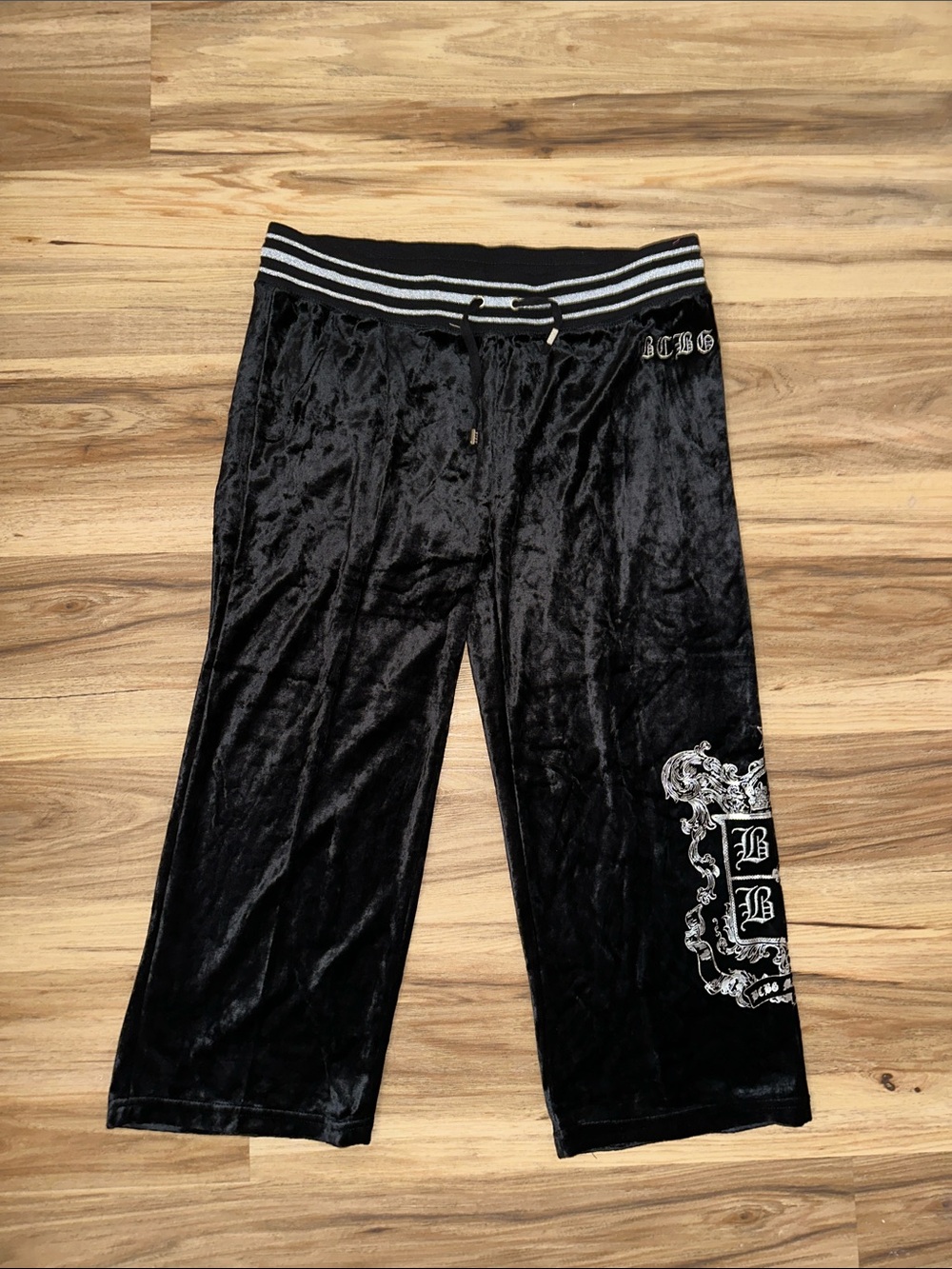 Black Velour Lounge Capri Pants with White Trim and Embroidered Logo
